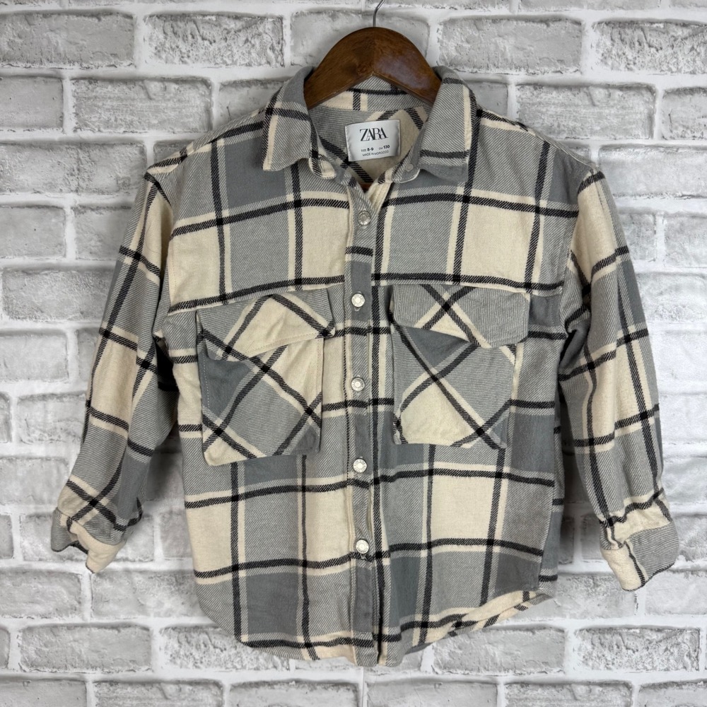 Zara Kids Grey Cream Plaid Shacket Button Down Shirt Jacket Size 8-9 130cm